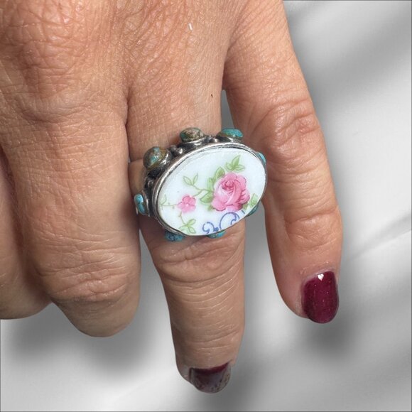Upcycled Vintage 925 Silver Turquoise Ring W/ Broken China Bavaria Franklin Porc - Picture 1 of 8